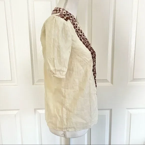 Anthropologie Forever That Girl Cotton Embroidered Beaded Peasant Top Ecru US 2 - Picture 7 of 10